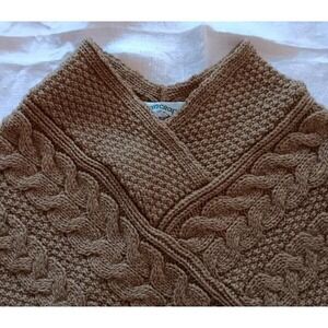 Brown Green Aran Crafts Ireland Merino Wool Poncho Shawl Sweater Cable Knit S/M